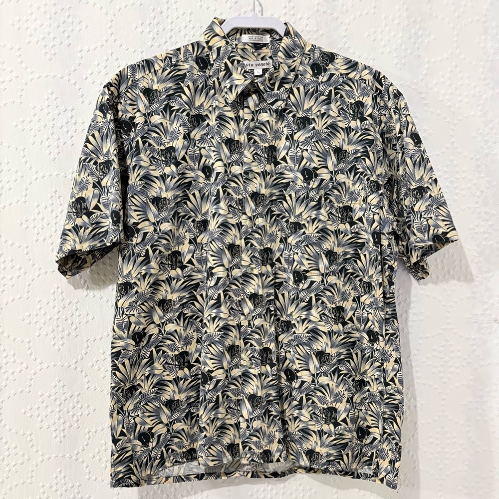 Vintage Tropical Elephant Print Hawaiian Shirt 90s Cotton Safari Dad core vibes